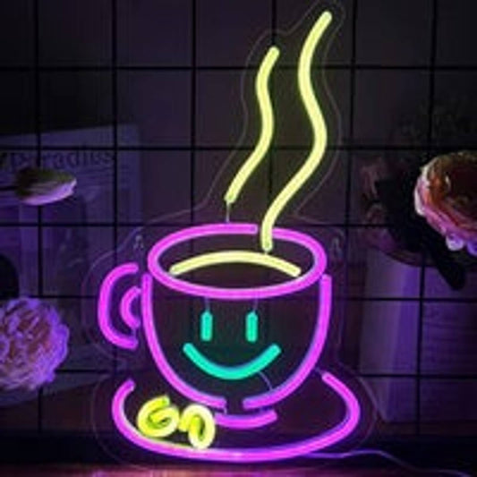 Lovely Bright Pink Hot Cup of Coffee/Tea Smiley Face LED Night Room Wall Decorat