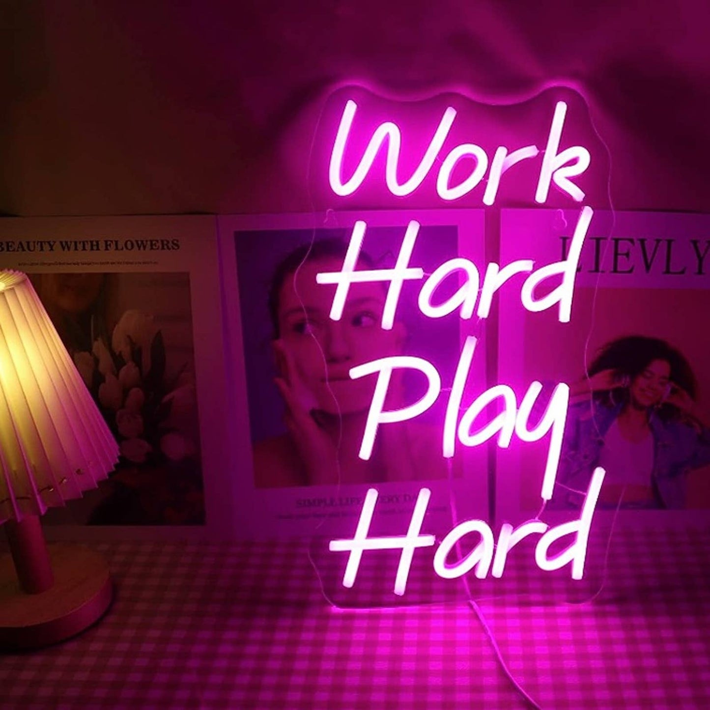 Lovely Vivid Bright Pink “Work Hard Play Hard” LED Night Light Room Wall Decor