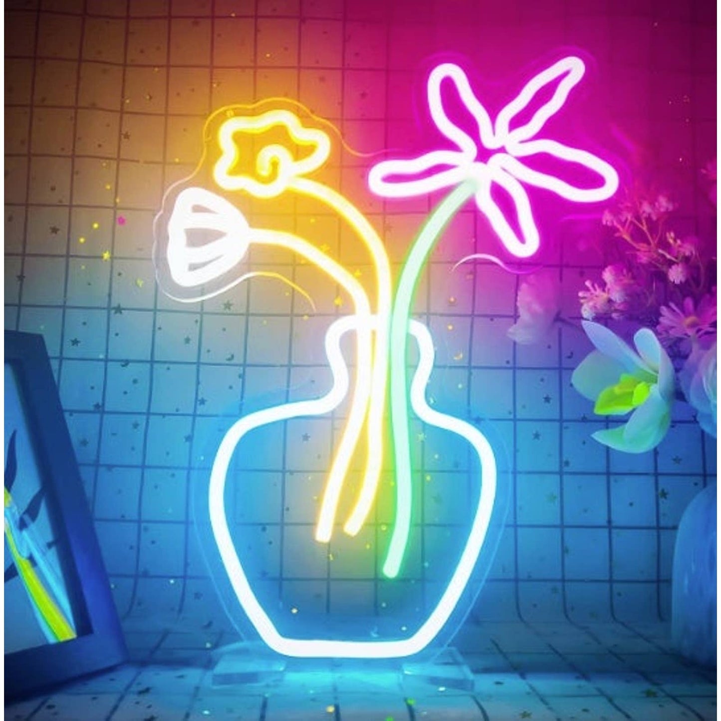 Lovely Vivid Bright Colorful Flower Vase LED Night Light Room Wall Decoration