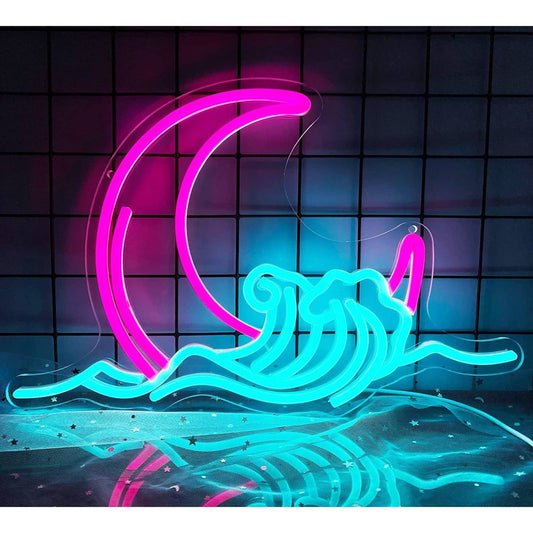 Lovely Bright Pink Crescent Moon Over the Wavy Sea LED Night Light Room Wall Art