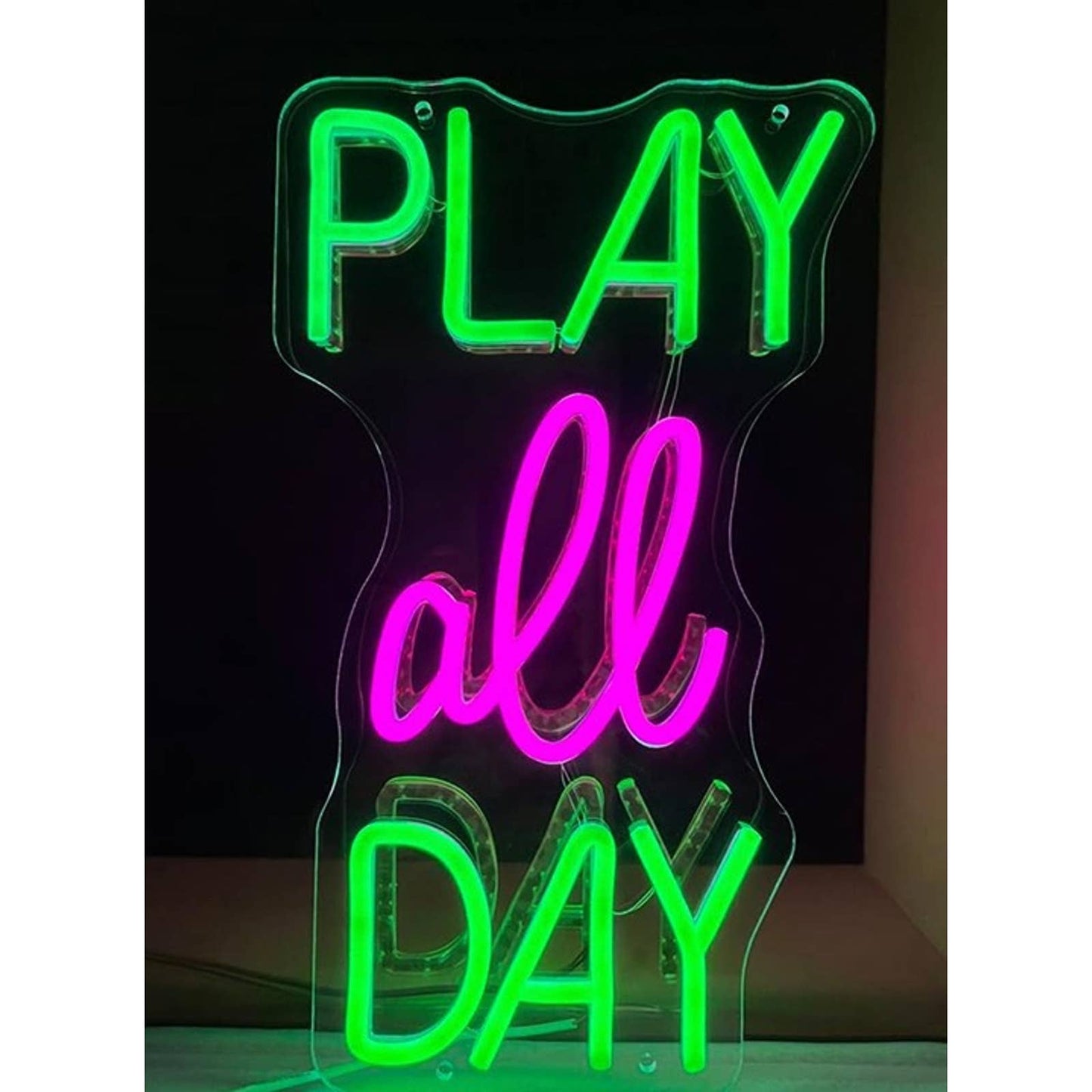 Fun Vivid Bright Pink/Green “Play All Day” LED Night Light Room Wall Decor