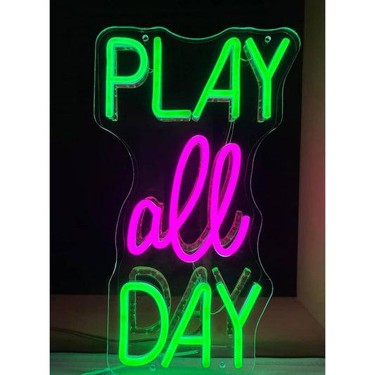 Fun Vivid Bright Pink/Green “Play All Day” LED Night Light Room Wall Decor