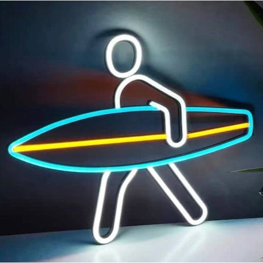 Cool Bright Blue Surfboard Man LED Night Light Sign Room Wall Decoration