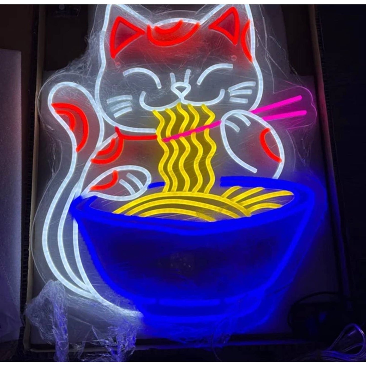 Fun Bright Cute Chinese Cat Eating Bowl of Noodles LED Night Light Wall Art Deco