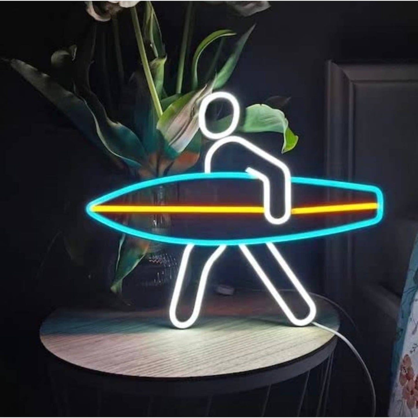 Cool Bright Blue Surfboard Man LED Night Light Sign Room Wall Decoration