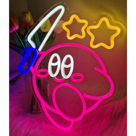 Cute Fun Bright Kirby with Knife Under Stars LED Night Light Video Game Decorati