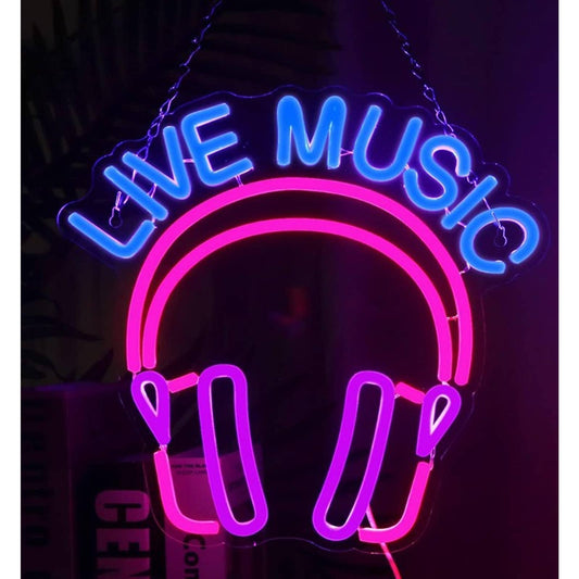 Vivid Bright Blue/Pink LIVE MUSIC Headphones LED Night Light Room Wall Decor