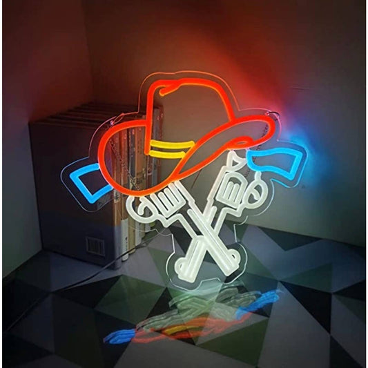 Fun Bright Cowboy Hat & Revolvers LED Night Light Western Room Wall Decoration