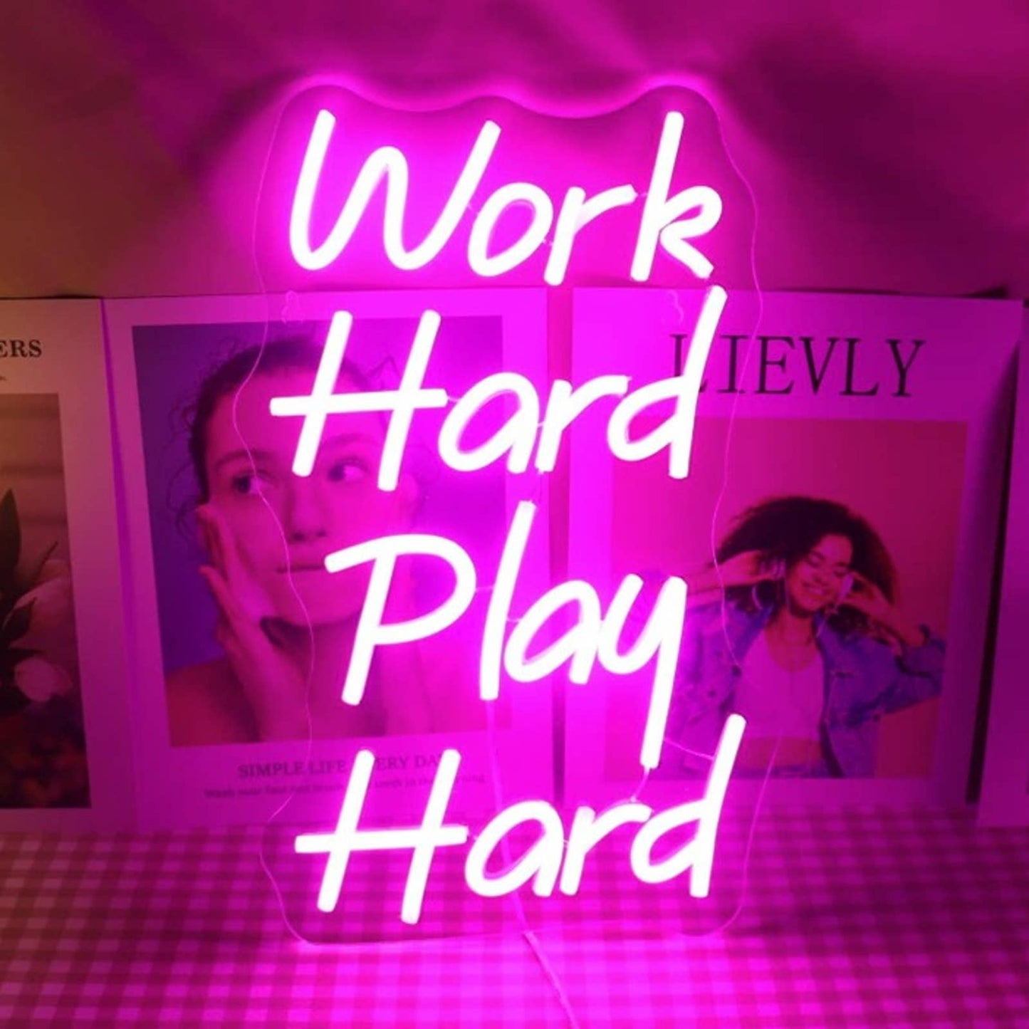Lovely Vivid Bright Pink “Work Hard Play Hard” LED Night Light Room Wall Decor