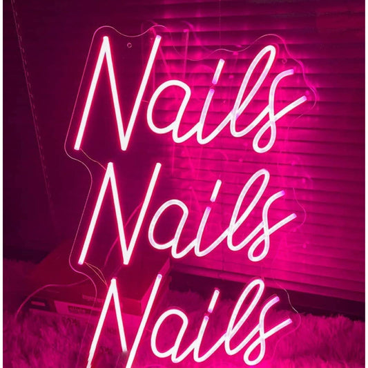 Lovely Large Bright Pink “Nails Nails Nails” LED Light Sign Room Wall Salon Deco