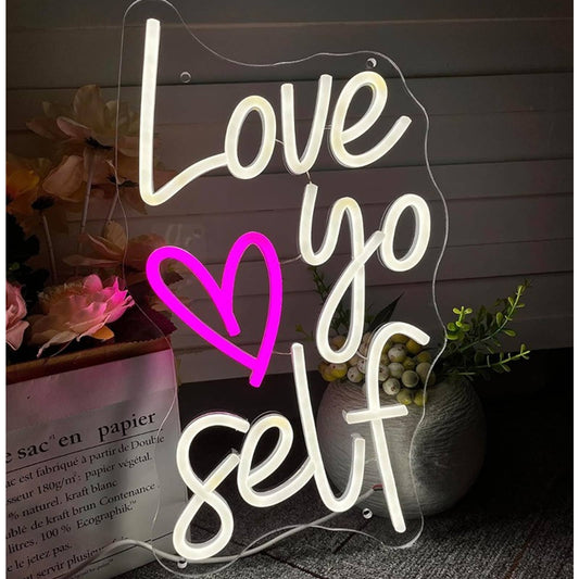 Lovely Vivid Bright Pink / White “Love Yourself” Heart LED Night Light