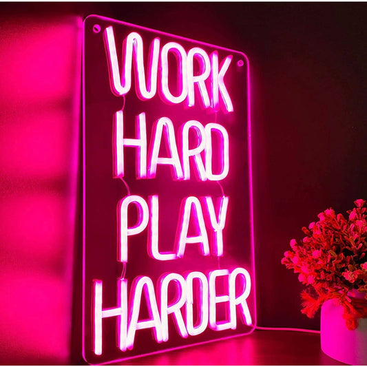 Motivational Bright Pink Work Hard Play Harder LED Night Light Room Wall Decorat