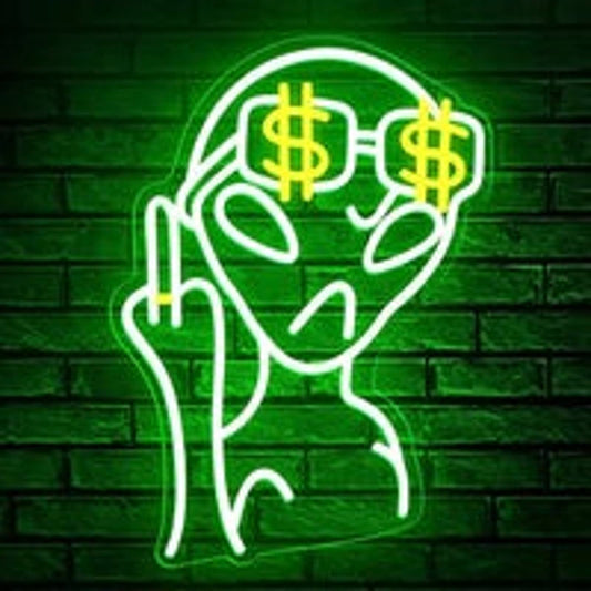 Fun Bright Green Alien with Money Sunglasses LED Night Light Room Wall Decoratio