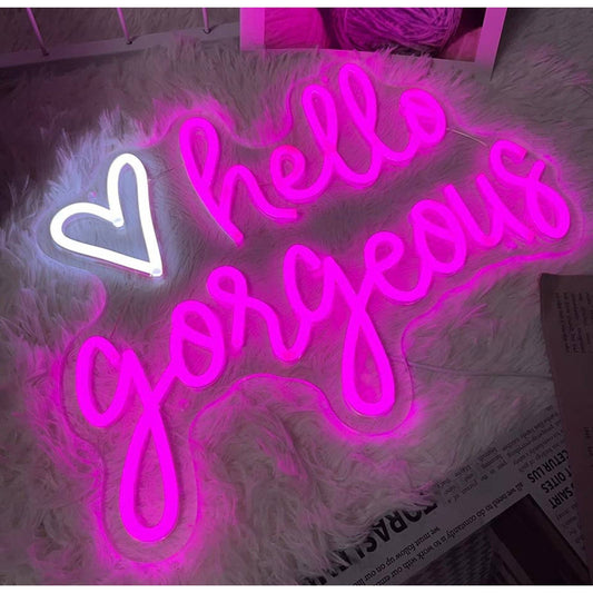 Adorable Bright Hot Pink Hello Gorgeous White Heart LED Night Light Room Wall De