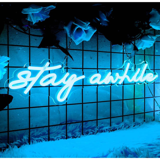 Bright Lovely Cool Blue “stay awhile” LED Night Light Room Wall Decoration