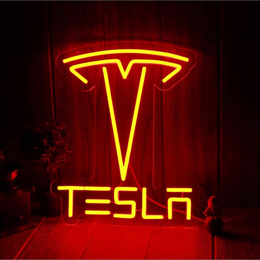 Bright Red Tesla Logo Electric Car SUV LED Night Light Room Wall Garage Decor