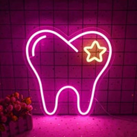Lovely Bright Pink Tooth Star LED Night Light Dentist Toothbrush Room Wall Decor