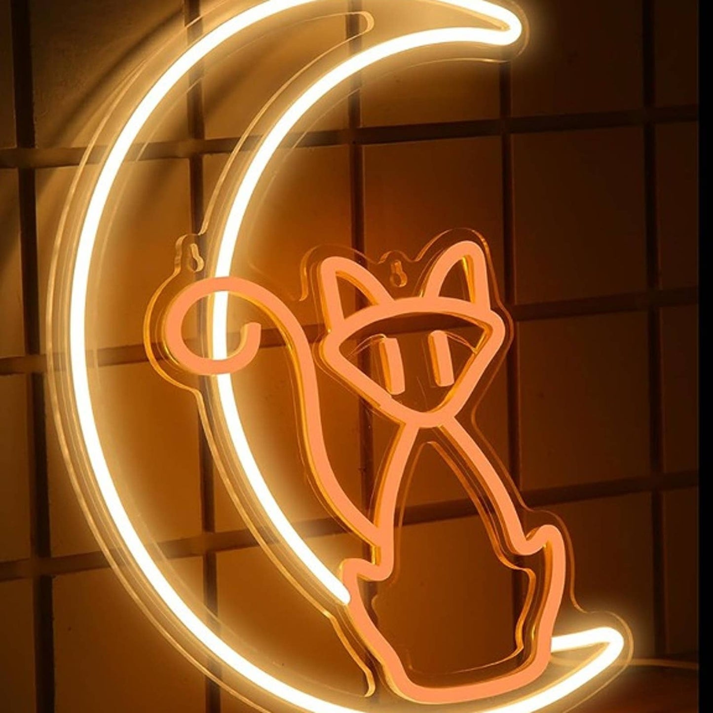 Cute Orange Kitty Cat Sitting on a Crescent Moon LED Night Light Room Wall Decor
