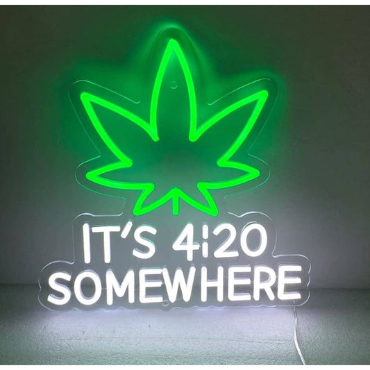 Bright Green Plant “It’s 4:20 Somewhere” LED Night Light Room Wall Decoration