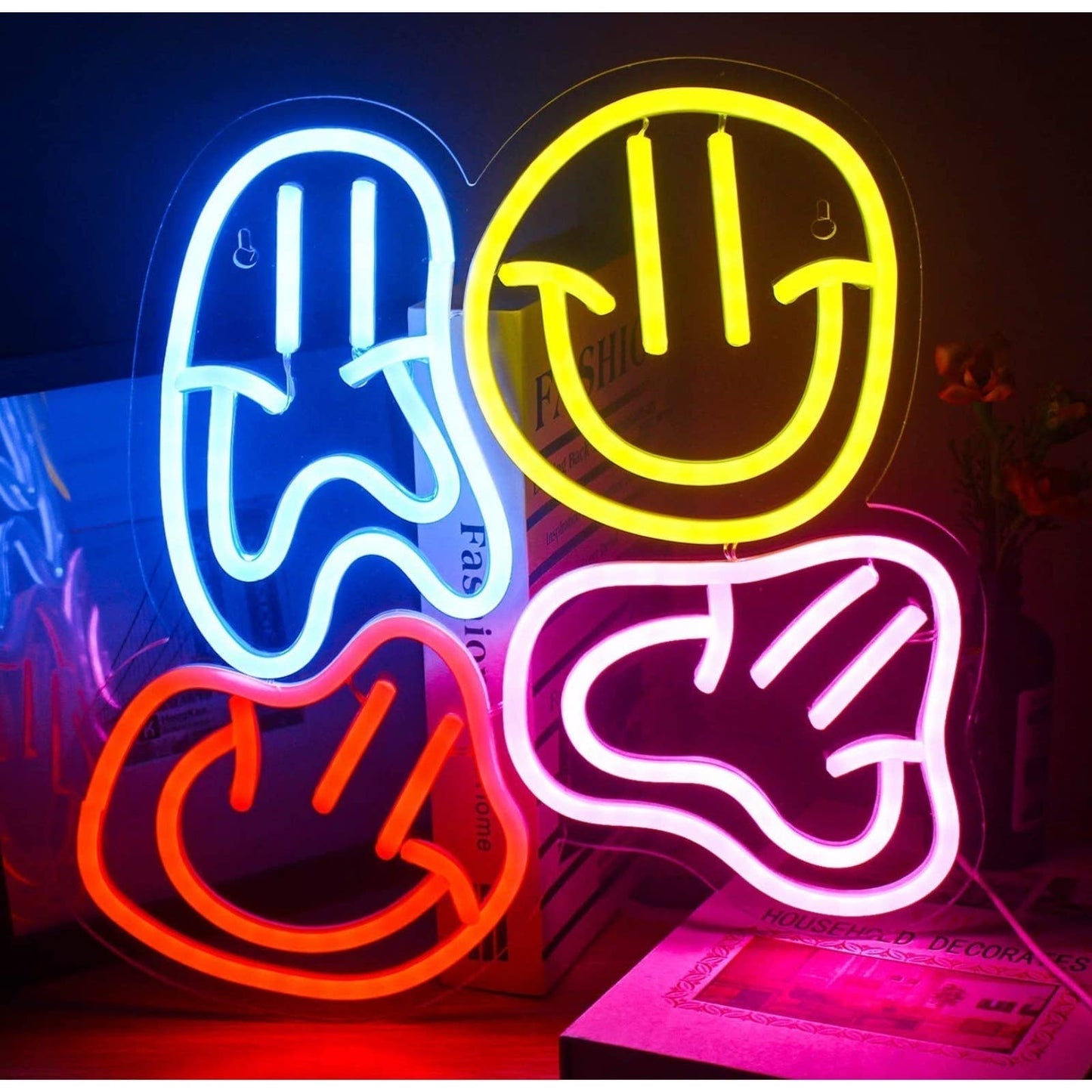 Bright Colorful Squished Smiley Faces LED Night Light Fun Room Wall Decor