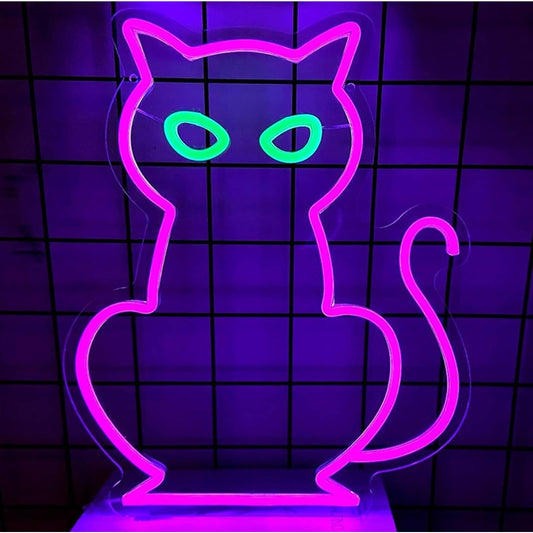 Spooky Bright Green Eyed Pink Witch’s Cat Led Night Light Room Wall Decor
