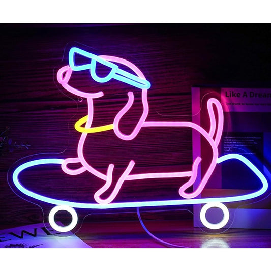 Fun Bright Weiner Dog Riding Skateboard LED Night Light Room Wall Decor