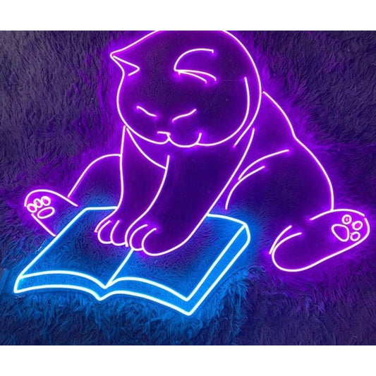 Large Fun Adorable Kitty Cat Reading a Book LED Night Light Sign Room Wall Decor