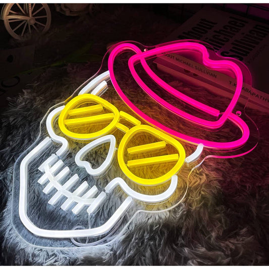 Fun Bright Skeleton Skull with Sunglasses & Pink Hat LED Night Light Room Wall D