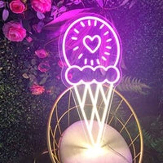 Adorable Bright Pink Ice Cream Cone Heart LED Night Light Room Wall Decoration