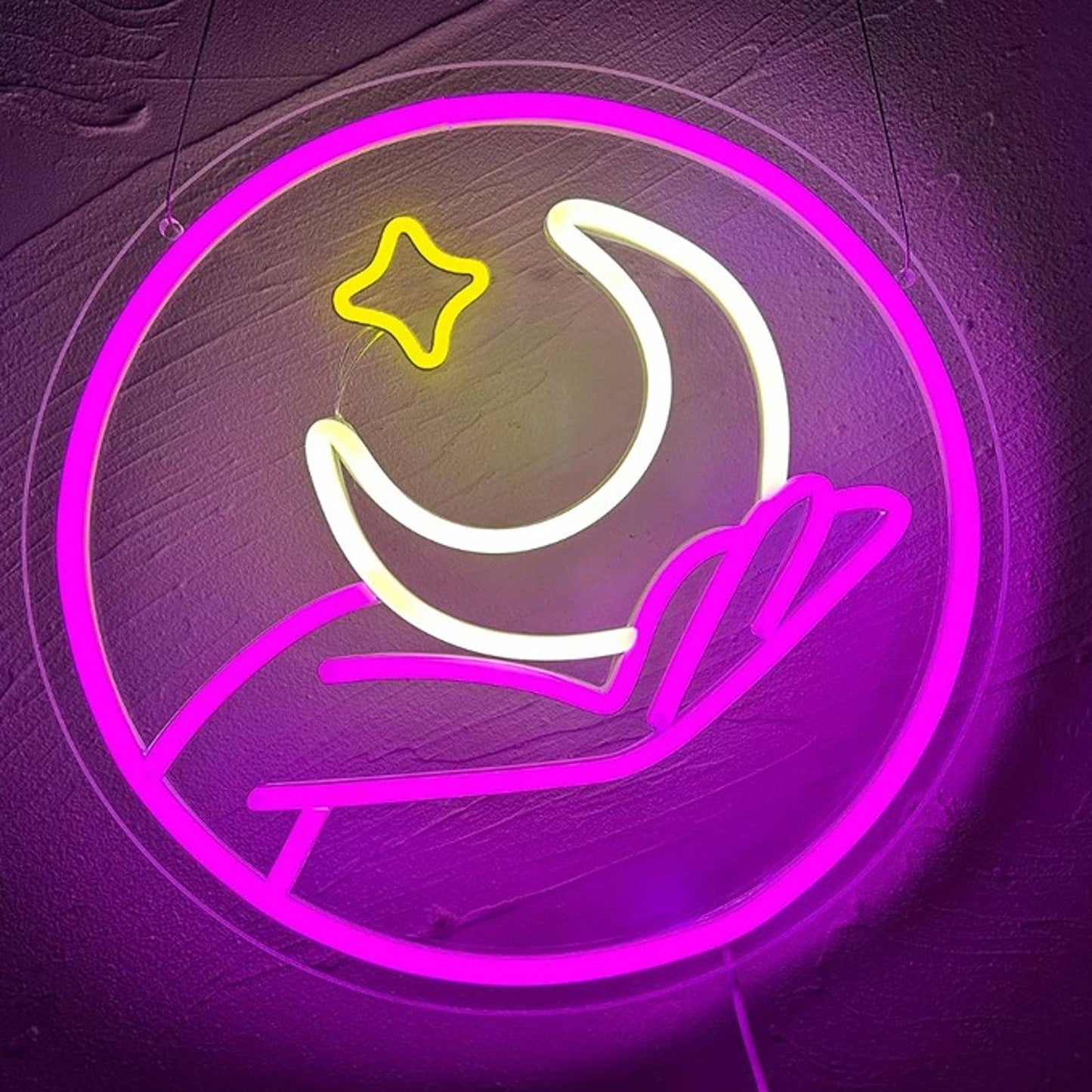 Lovely Bright Pink Moon & Star in Hand LED Night Light Room Wall Decoration