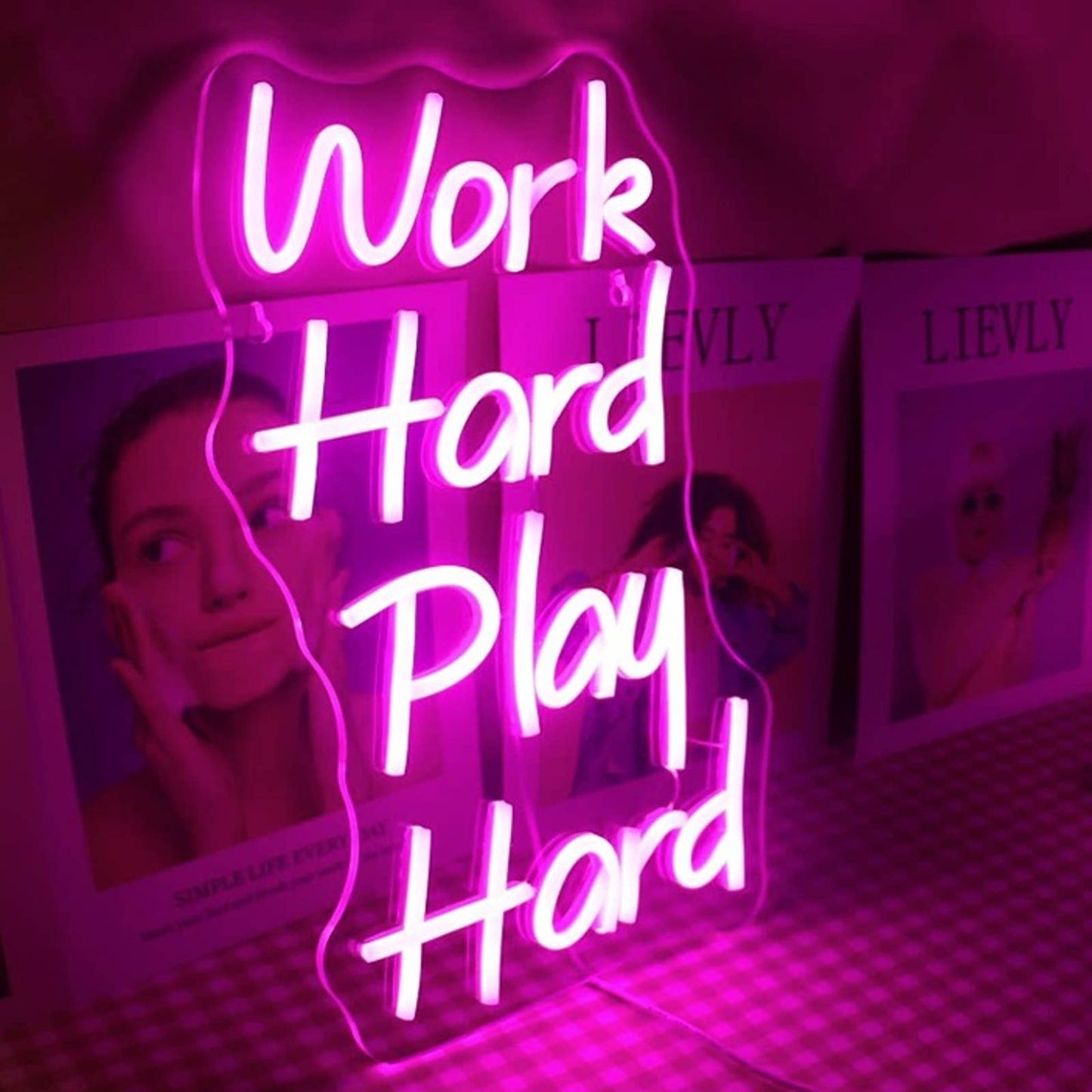 Lovely Vivid Bright Pink “Work Hard Play Hard” LED Night Light Room Wall Decor