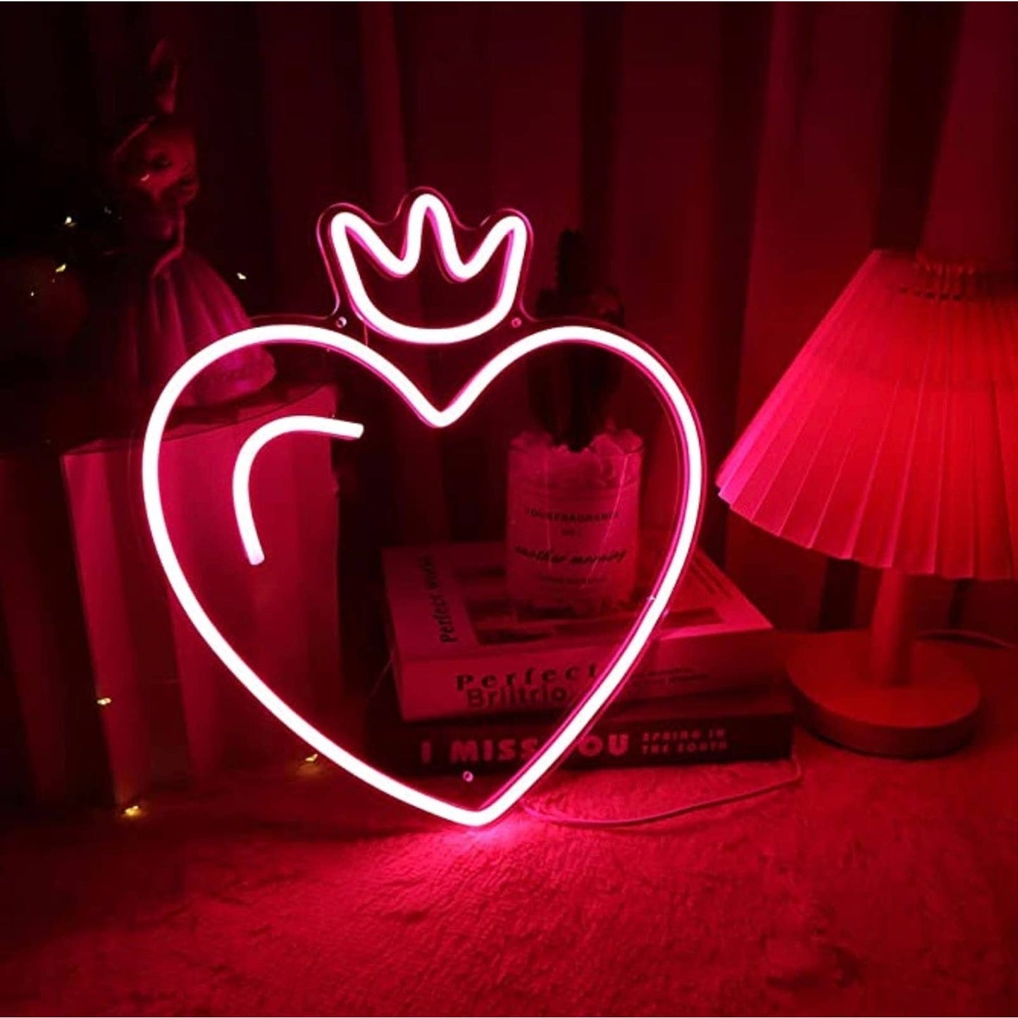 Lovely Vivid Bright Pink Heart Princess Queen Crown LED Night Light Room Wall De
