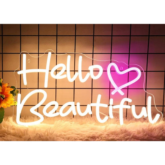 Lovely Bright Pink Heart White “Hello Beautiful” LED Night Light Room Wall Decor