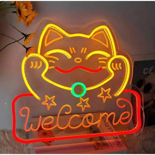 Lovely Bright Lucky Chinese Cat Welcome LED Night Light Sign Room Wall Decoratio