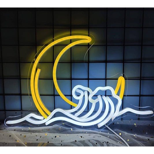 Lovely Bright Yellow Crescent Moon Over the Wavy Sea LED Night Light Room Wall