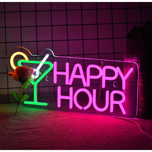 Fun Bright Pink Happy Hour Cocktail LED Night Light Bar Party Decoration