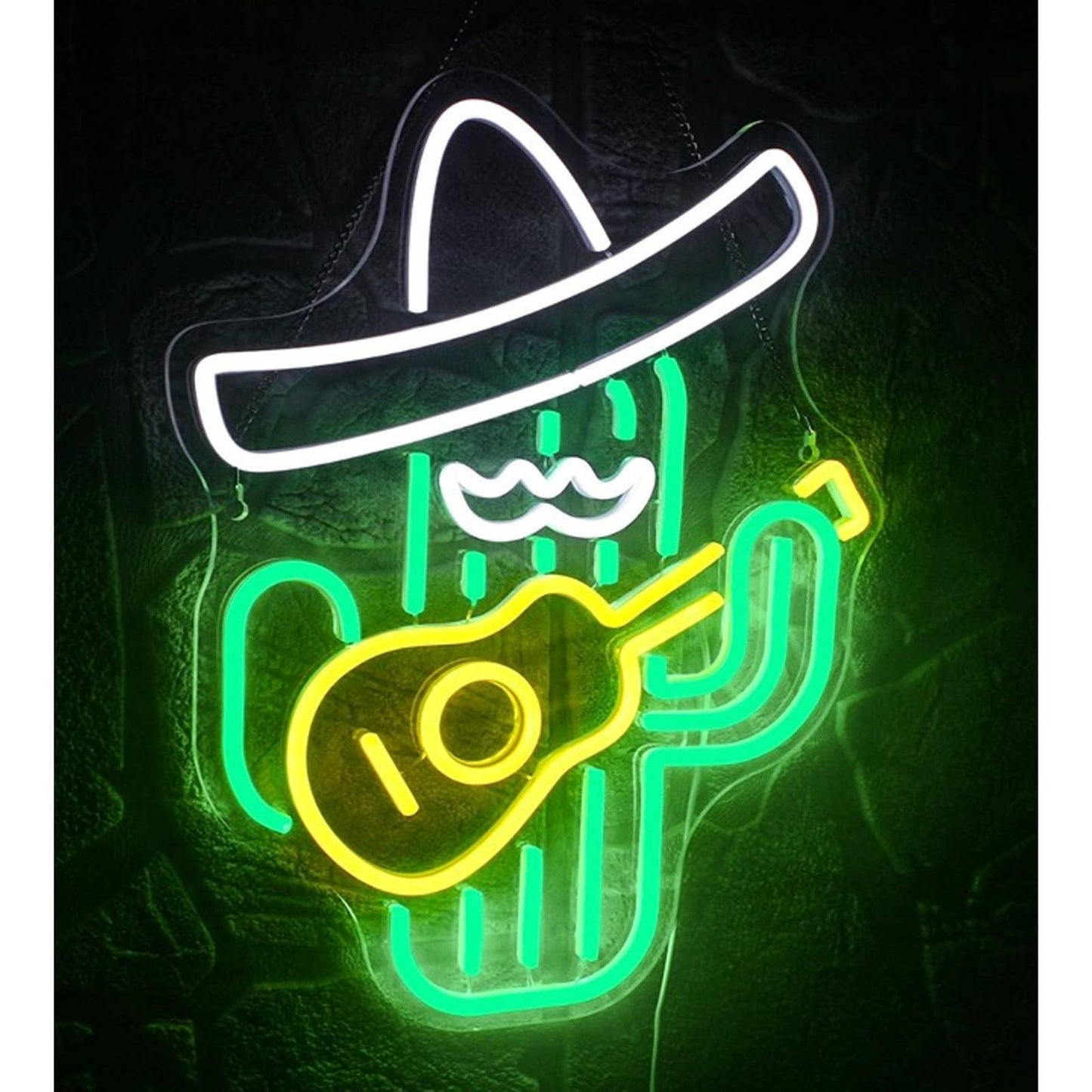 Fun Bright Green Mexican Cactus Playing Guitar LED Night Light Room Wall Decor