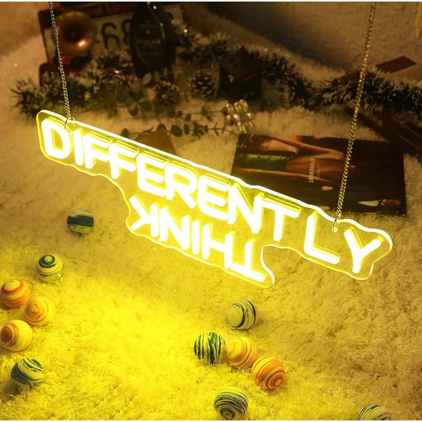 Bright Yellow “Think Differently” LED Hanging Night Light Room Wall Decoration
