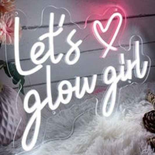 Lovely Bright Cool White Pink Heart Let's Glow Girl LED Night Light Room