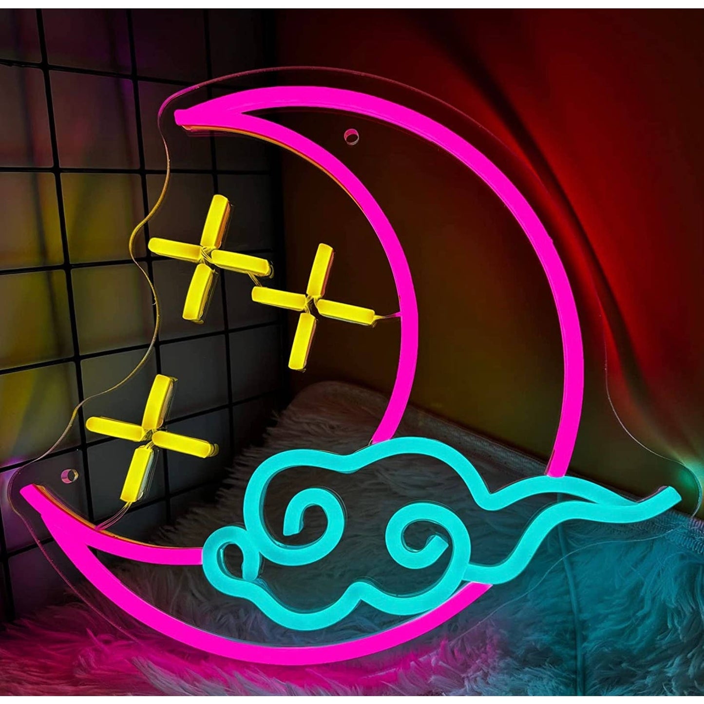 Lovely Vivid Bright Pink Crescent Moon Stars and Cloud LED Night Light Room Wall