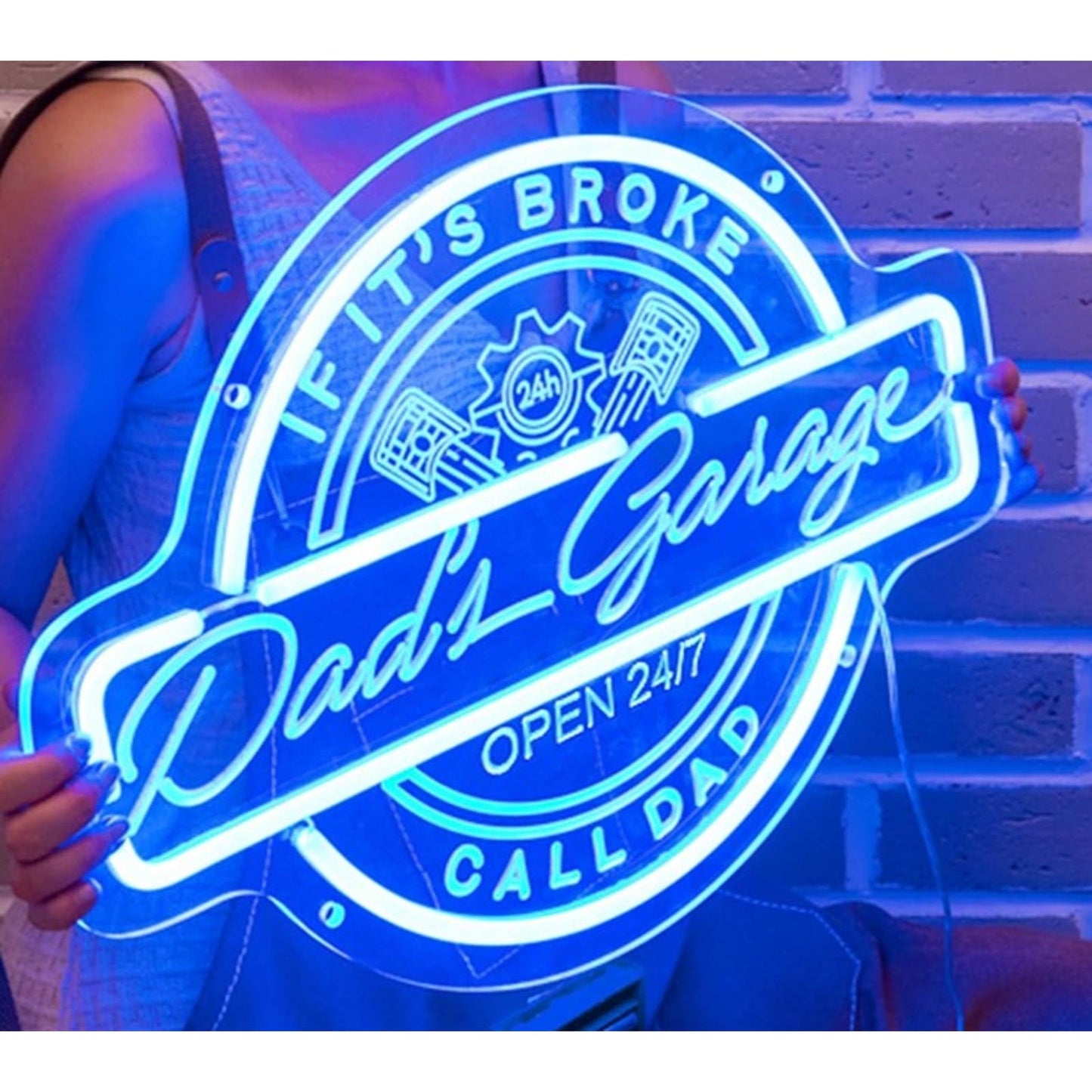 Vivid Bright Blue/White Dad’s Garage Wrench LED Night Light Sign Decor