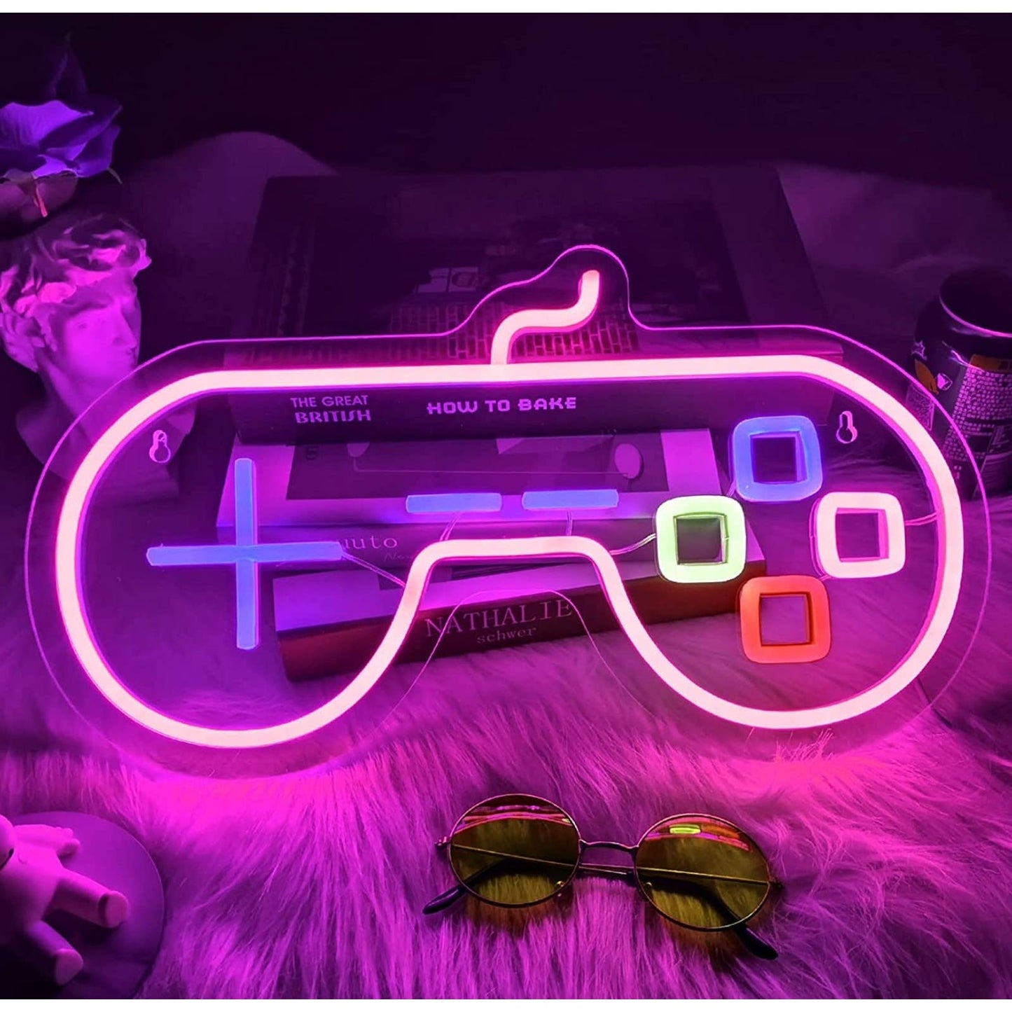 Fun Bright Pink Rainbow Square Button Game Controller LED Night Light Decor