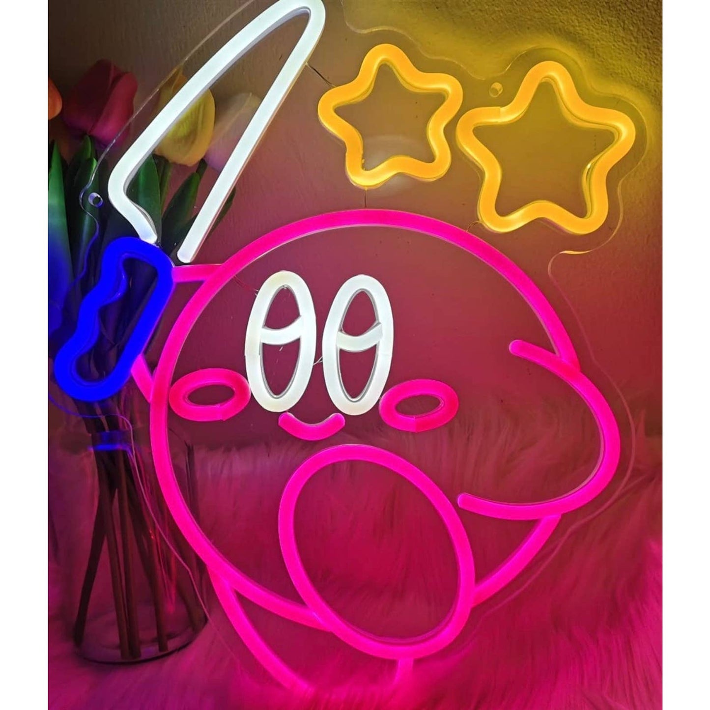 Cute Fun Bright Kirby with Knife Under Stars LED Night Light Video Game Decorati