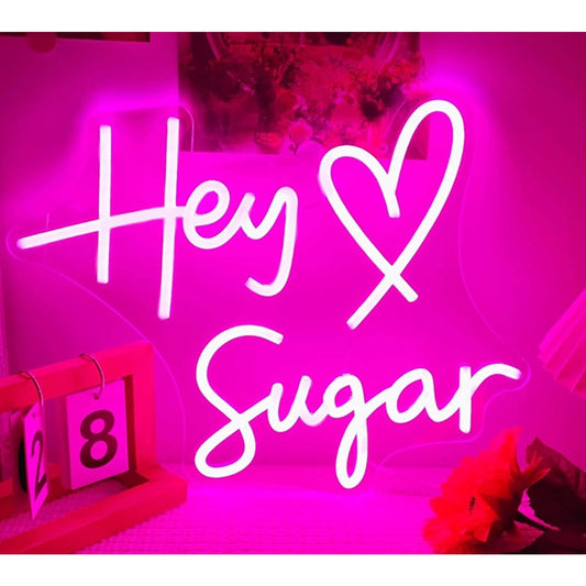 Lovely Bright Pink “Hey Sugar” Pink Heart LED Night Light Room Wall Decor