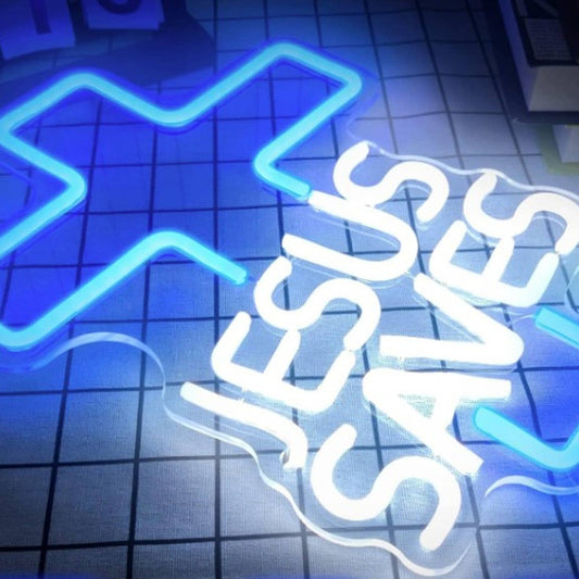Vivid Bright Blue / White Jesus Saves Cross LED Night Light Christian Decoration