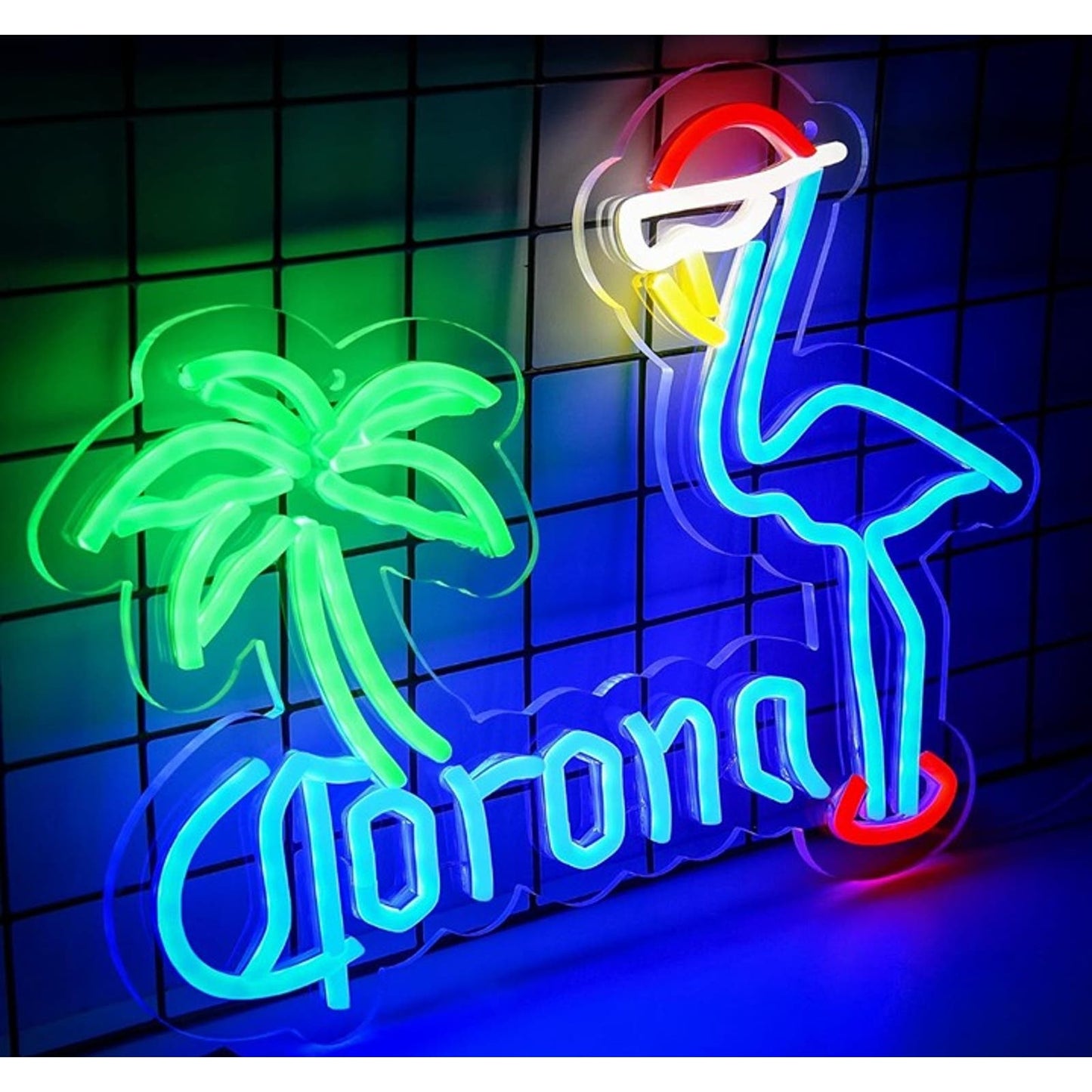 VIvid Bright Blue Corona Palm Tree Flamingo LED Night Light Room Wall Decoration