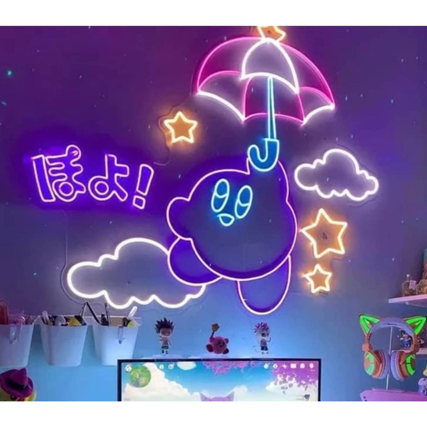 Fun Bright Kirby Floating in Starry Night Sky LED Light Anime Japan Sign Room De