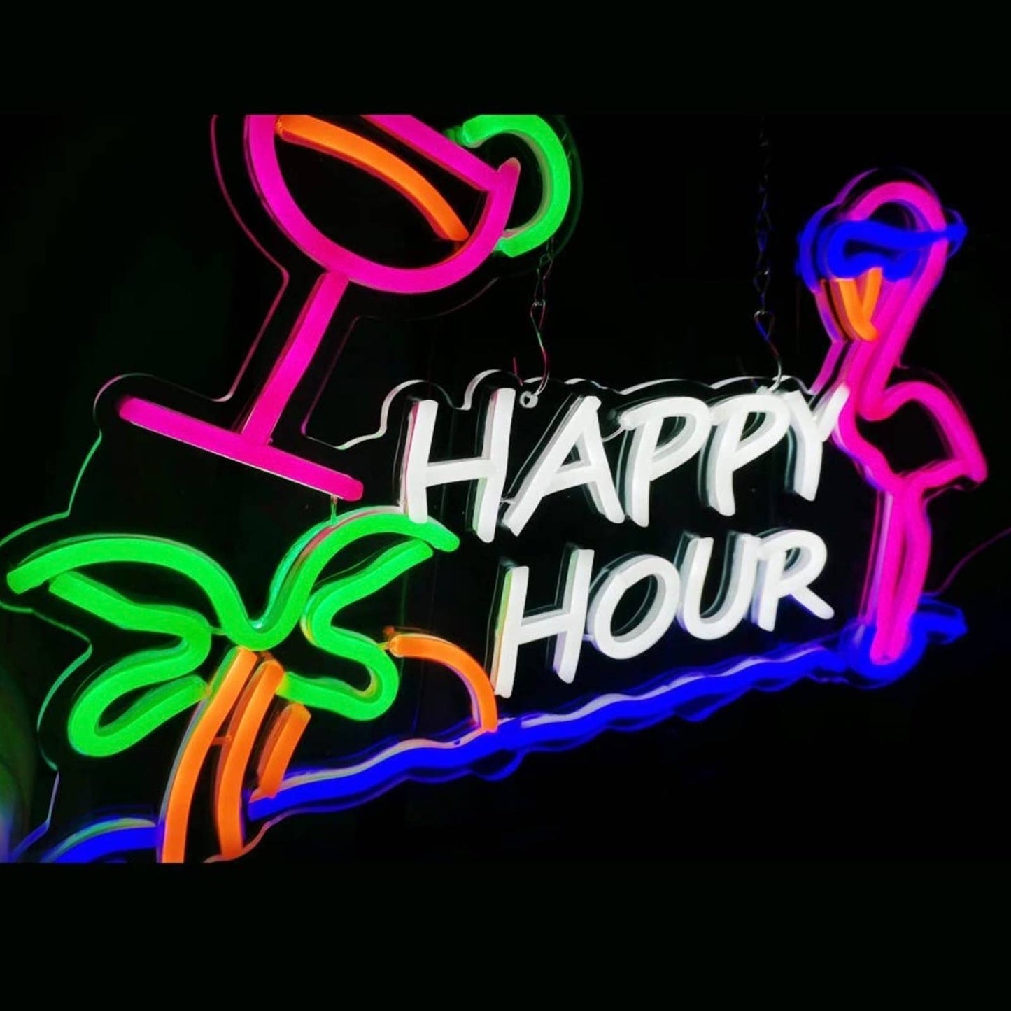 Fun Bright Color Happy Hour Pink Flamingo Sunglasses Palm Tree LED Bar Light Dec