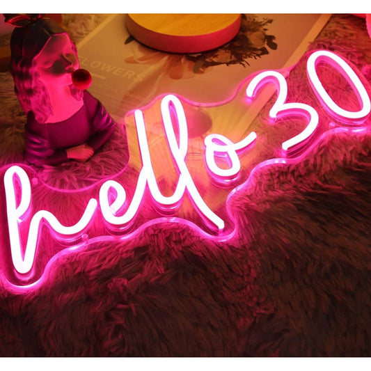 Lovely Bright Pink “Hello Thirty” LED Night Light Birthday Party LED Light Room