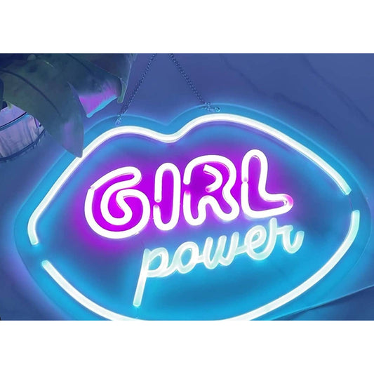 Lovely Pink / Blue Girl Power Lips LED Night Light Sign Room Wall Decor